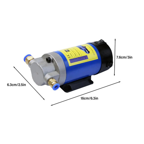 Heavy Duty DC 12V 100W Oil Extractor Pump With Straight Plug In Self Priming Motor And Low Noise Design displayed with dimensions.
