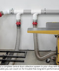Fullthrottle Blast Gate 4 Inch Dust Collection Valve Upgrade installed in workshop for efficient dust management system.