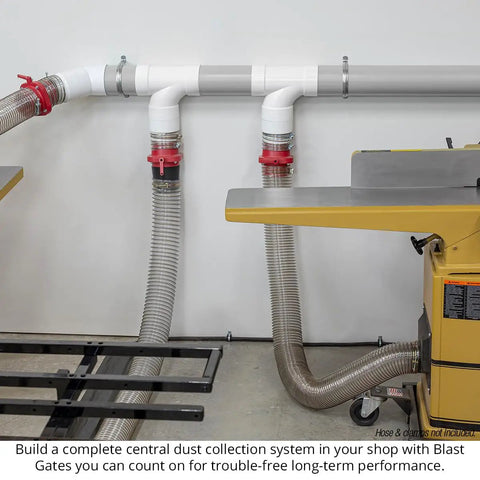 Fullthrottle Blast Gate 4 Inch Dust Collection Valve Upgrade installed in workshop for efficient dust management system.