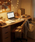 Space Saving Skinny Laundry Basket For Narrow Spaces With Durable Handles in home office next to desk illuminated by fairy lights