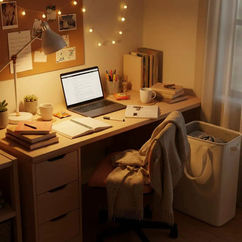 Space Saving Skinny Laundry Basket For Narrow Spaces With Durable Handles in home office next to desk illuminated by fairy lights