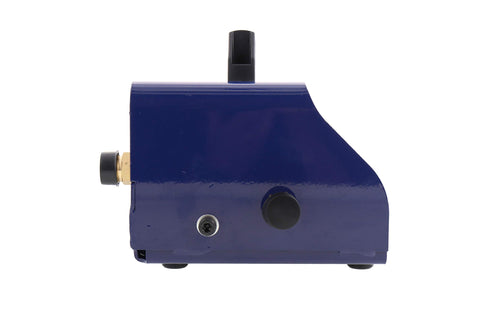Side view of 4000 PSI Sewer Jetter Foot Control Valve for Hot and Cold Water, blue metal casing with M22 inlet and outlet.