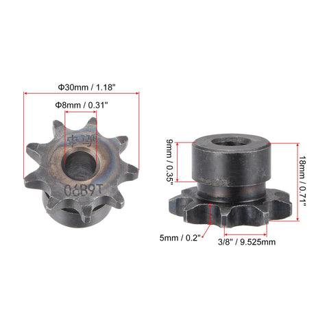 Chain Roller Sprocket Set Built Tough For ISO 06B Chains Eight Millimeter Bore Three Eighths Inch Pitch Nine Tooth Type B A3 Carbon Steel Hardened To Fifty Eight To Sixty HRC Two Pack with sizes and measurements shown.