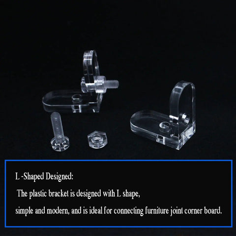 Straight Up Clear Acrylic L Bracket 20 Pack Corner Braces With Screws And Bolts showing L-shaped design for furniture joints.