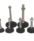 Heavy Duty Adjustable Leveling Feet 4 Pack For Furniture with thick nylon bases and metal threaded rods in various sizes.