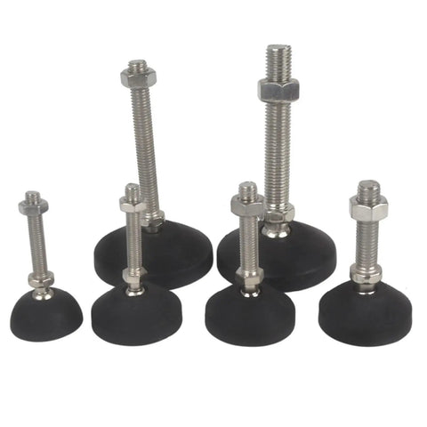 Heavy Duty Adjustable Leveling Feet 4 Pack For Furniture with thick nylon bases and metal threaded rods in various sizes.