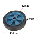 Wicked Smooth Five Inch Caster Wheels For Air Compressor Silent Shockproof Replacement Casters For Workshop And Pneumatic Tools. Close-up of a blue 5 inch wheel.