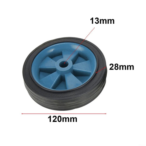 Wicked Smooth Five Inch Caster Wheels For Air Compressor Silent Shockproof Replacement Casters For Workshop And Pneumatic Tools. Close-up of a blue 5 inch wheel.