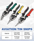 Heavy-Duty 4-Piece Tin Snips And Sheet Metal Bender Set with color-coded ergonomic handles, 60CrV steel, shown cutting blades.