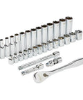 28-piece metal set from 3 Eighth Inch Drive SAE Ratchet And Socket Tool Set With Packout Case 28 Piece 90 Tooth Ratchet 4 Degree Swing For Tight Spaces Slim Profile Head Wrench Ready Four Flat Sides Removable Inner Tray For Easy Organization