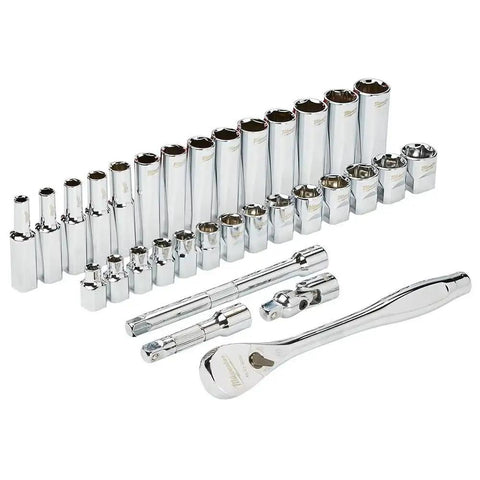 28-piece metal set from 3 Eighth Inch Drive SAE Ratchet And Socket Tool Set With Packout Case 28 Piece 90 Tooth Ratchet 4 Degree Swing For Tight Spaces Slim Profile Head Wrench Ready Four Flat Sides Removable Inner Tray For Easy Organization