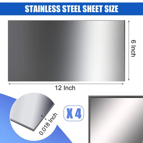 Stainless steel sheets, 4-pack, 12 x 6 x 0.018 in, 304 grade, non-magnetic for crafts