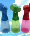 Two Pack Portable Battery Powered Misting Fans Handheld Evaporative Coolers in blue, green, and red colors for summer heat relief.