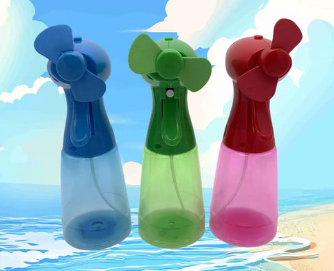 Two Pack Portable Battery Powered Misting Fans Handheld Evaporative Coolers in blue, green, and red colors for summer heat relief.