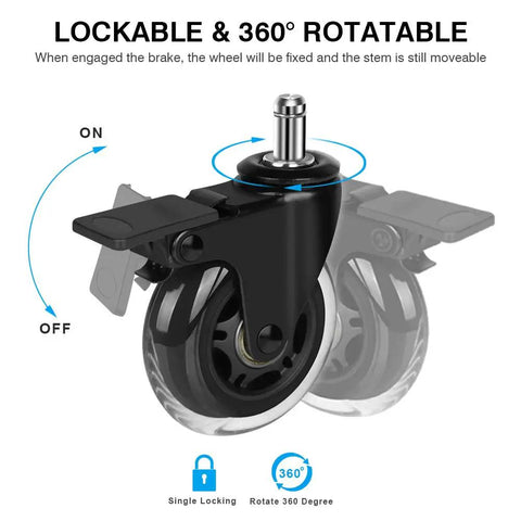 Top Notch Five Piece Set Of Three Inch Lockable Swivel Casters For Office Chairs Featuring Heavy Duty Smooth Rolling Action, showing lockable swivel wheel.
