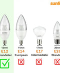 Comparison of E12 Candelabra with E14, E17, E26 bulb bases; highlighting E12 for G16.5 Globe LED Bulbs 7W 60W Equivalent Dimmable.