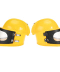 Two yellow sandblast helmets with air supplied hood and protective cloak, durable ABS construction, side view.