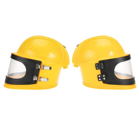 Two yellow sandblast helmets with air supplied hood and protective cloak, durable ABS construction, side view.