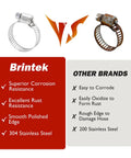 Comparison of two hose clamps, Brintek stainless steel clamp vs other brands, highlighting durability and corrosion resistance.