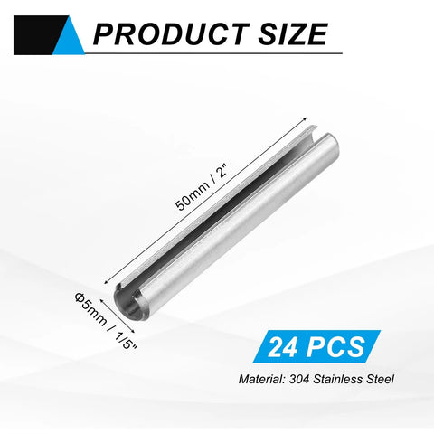 Premium Heavy Duty Slotted Split Roll Pins 24 Pack 5mm By 2 Inch Chrome Steel Expansion Dowels on display, showing dimensions and material.
