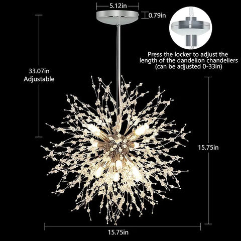 Chic Crystal Pendant Light Fixture With 9 Light Firework Design In Modern Chrome Finish shown with adjustable 33.07in cable