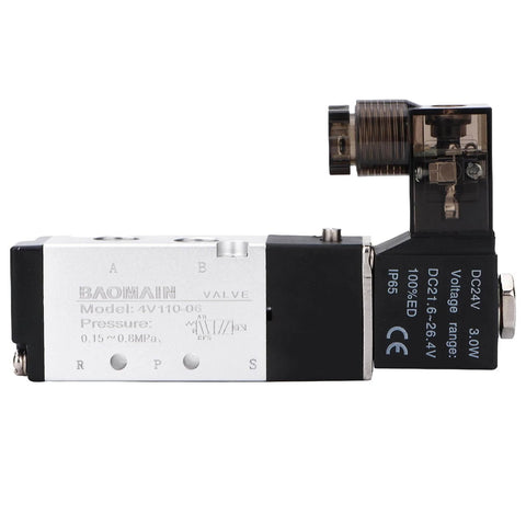 DIY Friendly 5 Way 2 Position Pneumatic Solenoid Valve With DC 24V Actuation, 0.15 to 0.8 MPa, side view showing labels.