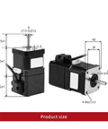 Brake stepper motor pair: 12V, 4-lead, black housings with silver shafts; front and side views, NEMA17.