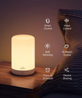 Smart LED Bedside Lamp With App Control, Voice Assist, RGB Color Changing Mood Light on nightstand showing features.
