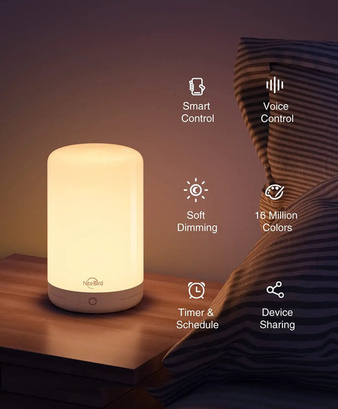 Smart LED Bedside Lamp With App Control, Voice Assist, RGB Color Changing Mood Light on nightstand showing features.