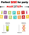 Periodic Table Birthday Banner And Chemistry Theme Backdrop For Science Classroom Party Decor Dope Durable Reusable Fabric Lab Theme Decorations Includes One Happy Birthday Banner And Ten Hanging Swirls For Boys And Girls showing colorful elements.