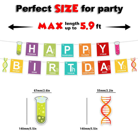 Periodic Table Birthday Banner And Chemistry Theme Backdrop For Science Classroom Party Decor Dope Durable Reusable Fabric Lab Theme Decorations Includes One Happy Birthday Banner And Ten Hanging Swirls For Boys And Girls showing colorful elements.
