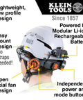 Person wearing a helmet with Dual Cooling Fan For Hard Hats And Safety Helmets, Lightweight USB C Rechargeable Head Neck And Face Cooler.