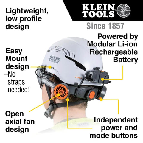 Person wearing a helmet with Dual Cooling Fan For Hard Hats And Safety Helmets, Lightweight USB C Rechargeable Head Neck And Face Cooler.