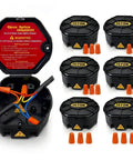 Open Splice Junction Box 6 Pack Kit With 18 Twist On Wire Connectors Pro Grade DIY Electrical Box For Wiring Flame Retardant PP Plus ABS V0 Home Garage Workshop Screws Included shown with open lid displaying internal wiring.