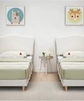 Super Chill Ultra Tough Twin Bed Frame For Kids Room Totally Comfy Berber Fleece Upholstery High Density Sponge Pad Easy Setup Low Rise Platform With Cool Beige, two beds with soft headboards in kids' room.