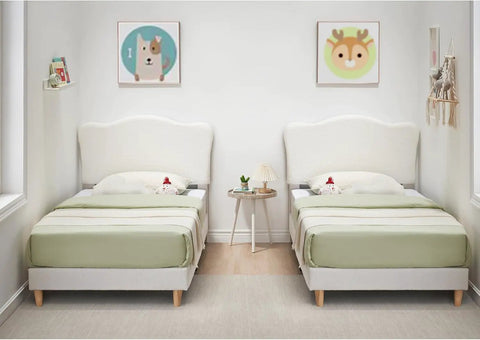 Super Chill Ultra Tough Twin Bed Frame For Kids Room Totally Comfy Berber Fleece Upholstery High Density Sponge Pad Easy Setup Low Rise Platform With Cool Beige, two beds with soft headboards in kids' room.