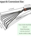 Two Pack Garden Hand Rake With Durable Steel Tines Small Shrub Rake compact size diagram with dimensions