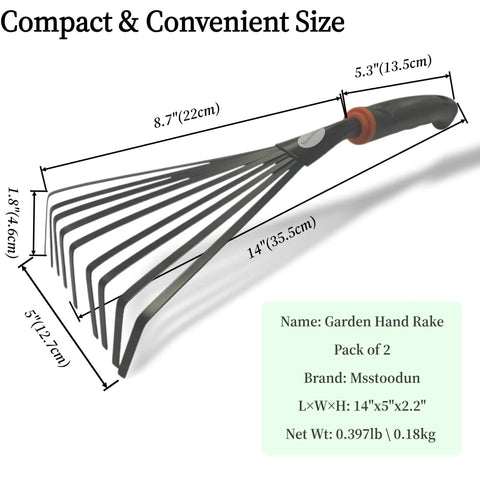Two Pack Garden Hand Rake With Durable Steel Tines Small Shrub Rake compact size diagram with dimensions