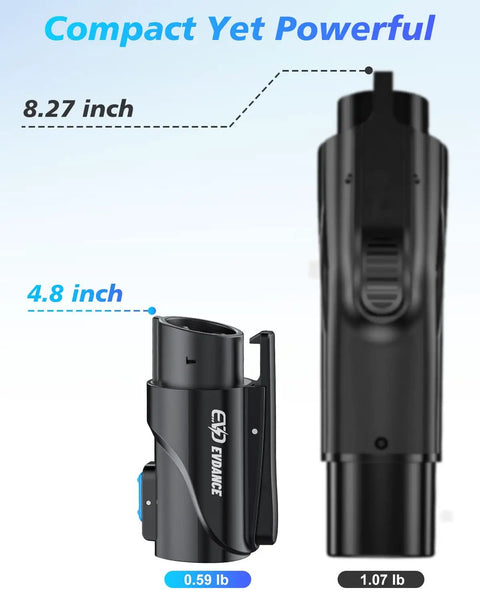 Portable Nacs To J1772 Charging Adapter With 80 Amp 250 Volt Rating, compact size of 8.27 x 4.8 inches, lightweight 0.59 lb.