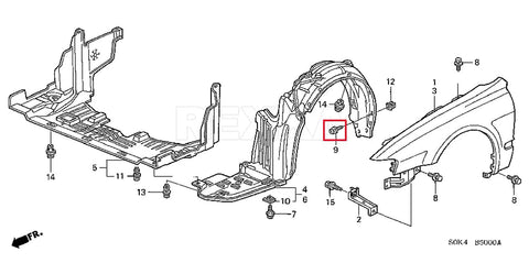 Schematic of auto body parts for 50 Pack Fender Liner Screws For Honda Acura BMW Wheelhouse Splash Shield SEMS Phillips Truss Head Black E Coat Fasteners For Auto Body Replacement Compatible With Accord ILX RDX TL TSX 90114SE0000
