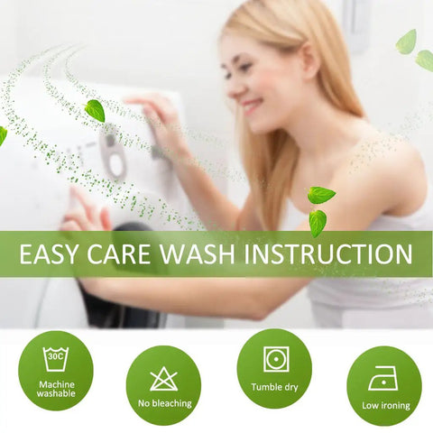 Woman following easy care wash instructions with symbols for machine washable, no bleaching, tumble dry, and low ironing.