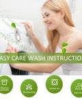 Woman referring to easy care wash instructions with icons for machine wash, no bleaching, tumble dry, and low ironing.