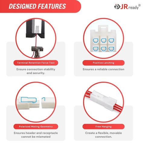 Designed features of Badass Mini Fit Jr Connector Kit With Quick Crimping Tool And Pin Extractor, including stability tests and latching.