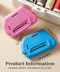 Pink and blue 3 In 1 Magnetic Seam Guide For Sewing Machine With Built In Scale And Seam Ripper, GP-80 on wooden table