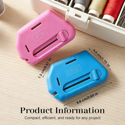 Pink and blue 3 In 1 Magnetic Seam Guide For Sewing Machine With Built In Scale And Seam Ripper, GP-80 on wooden table