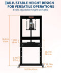 Tough As Nails Six Ton H Frame Hydraulic Shop Press Heavy Duty Steel Workhorse showing adjustable height design with dimensions.