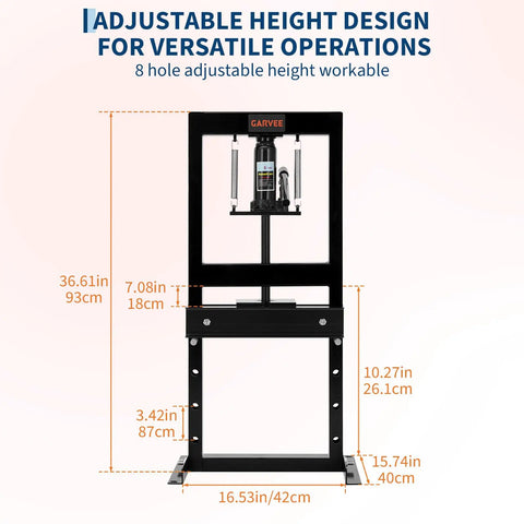 Tough As Nails Six Ton H Frame Hydraulic Shop Press Heavy Duty Steel Workhorse showing adjustable height design with dimensions.