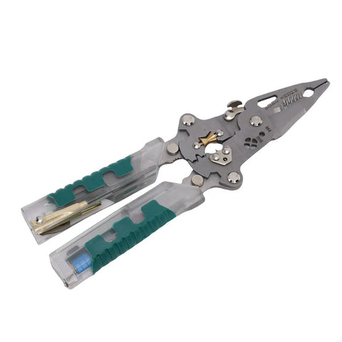Get 8.8 Inch Folding Wire Stripper Pliers With Built-in Voltage Tester And Screwdriver, durable steel, compact design.