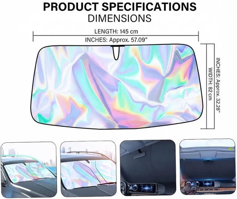 Kick Summer Heat To The Curb With This Sick Reflective Laser Windshield Sun Shade For Tesla Cybertruck Plus Cyberbeast 2023 Through 2026 dimensions displayed.
