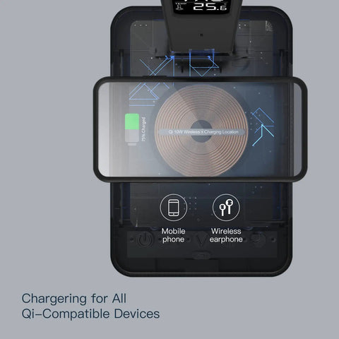 Top view of Led Desk Lamp With Wireless Charger And USB Port, showing 10W Qi-compatible charging pad and digital screen.